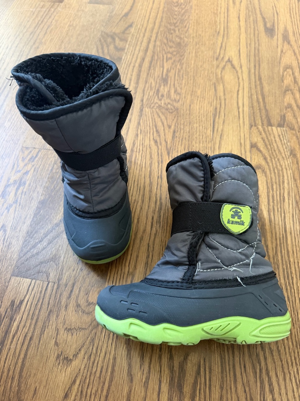 Kamik Snowbug 5 insulated winter boots in grey and lime green, toddler size 10